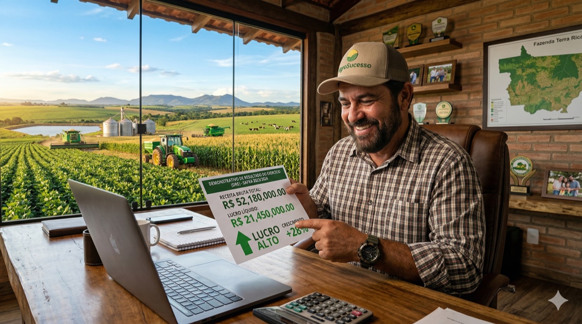 Produtor rural analisando DRE positivo com lucro líquido de R$ 21 milhões